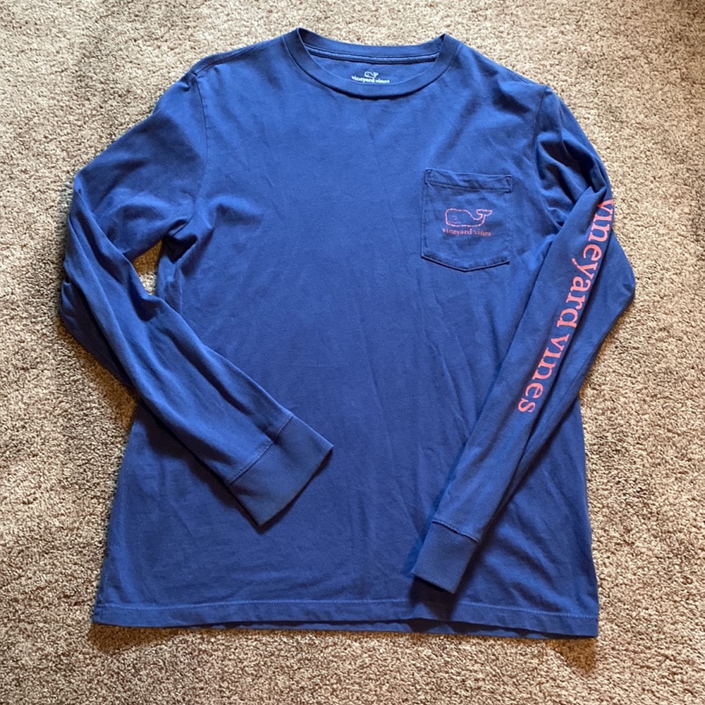 Vineyard Vines cotton t-shirt with whale logo, long sleeve blue, kids size large